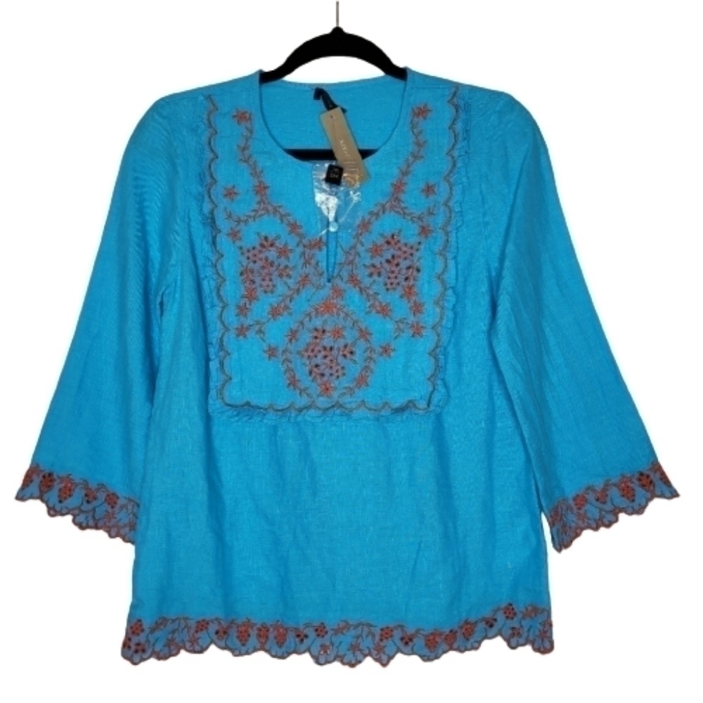 J. Crew Embroidered Linen Tunic Monaco Blue - Picture 2 of 12